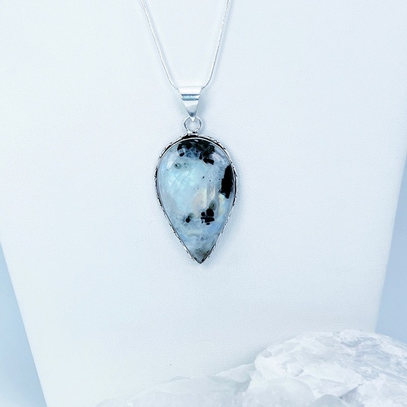 Tourmaline Rainbow MOONSTONE Silver Pendant Necklace Pear Cut New 925 - Picture 3 of 7